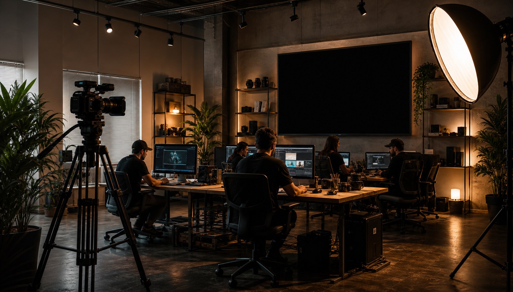 Creative production team working in a professional studio